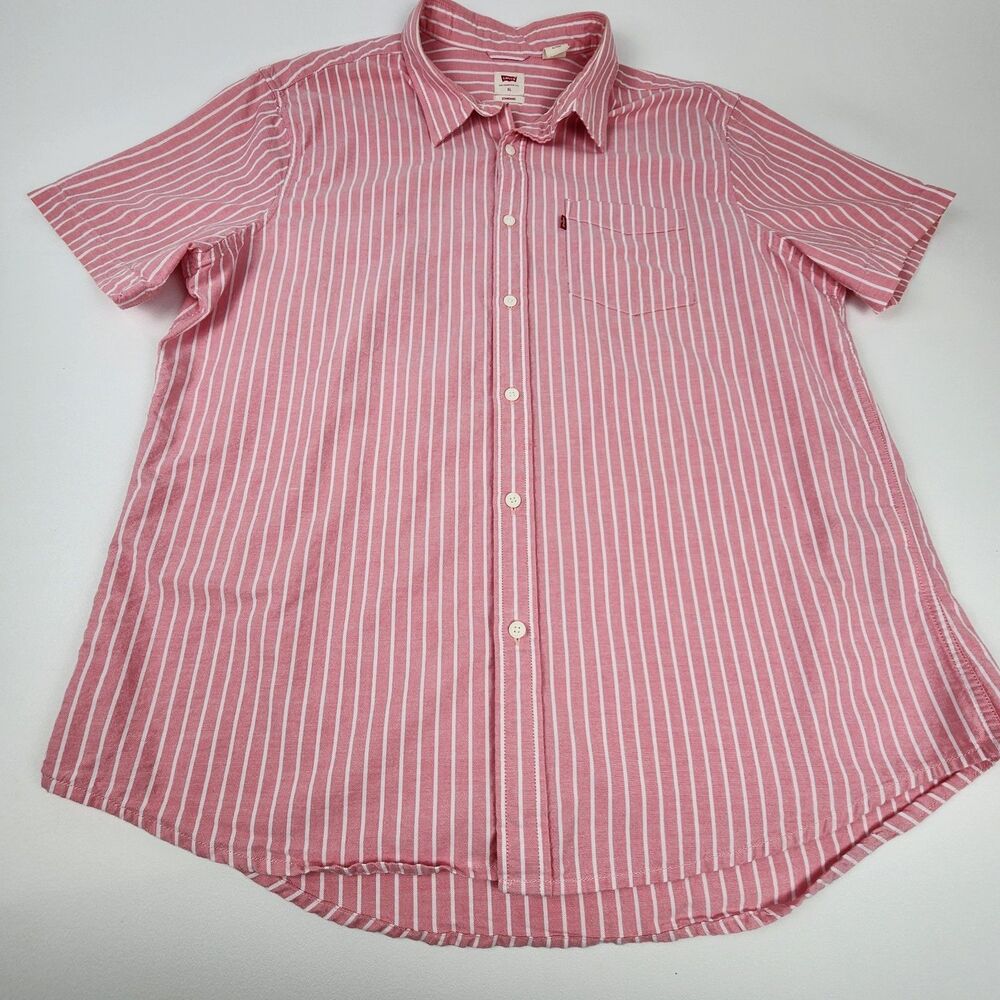Levi's Men's XL Pink White Striped Short Sleeve Button Up Shirt Pocket